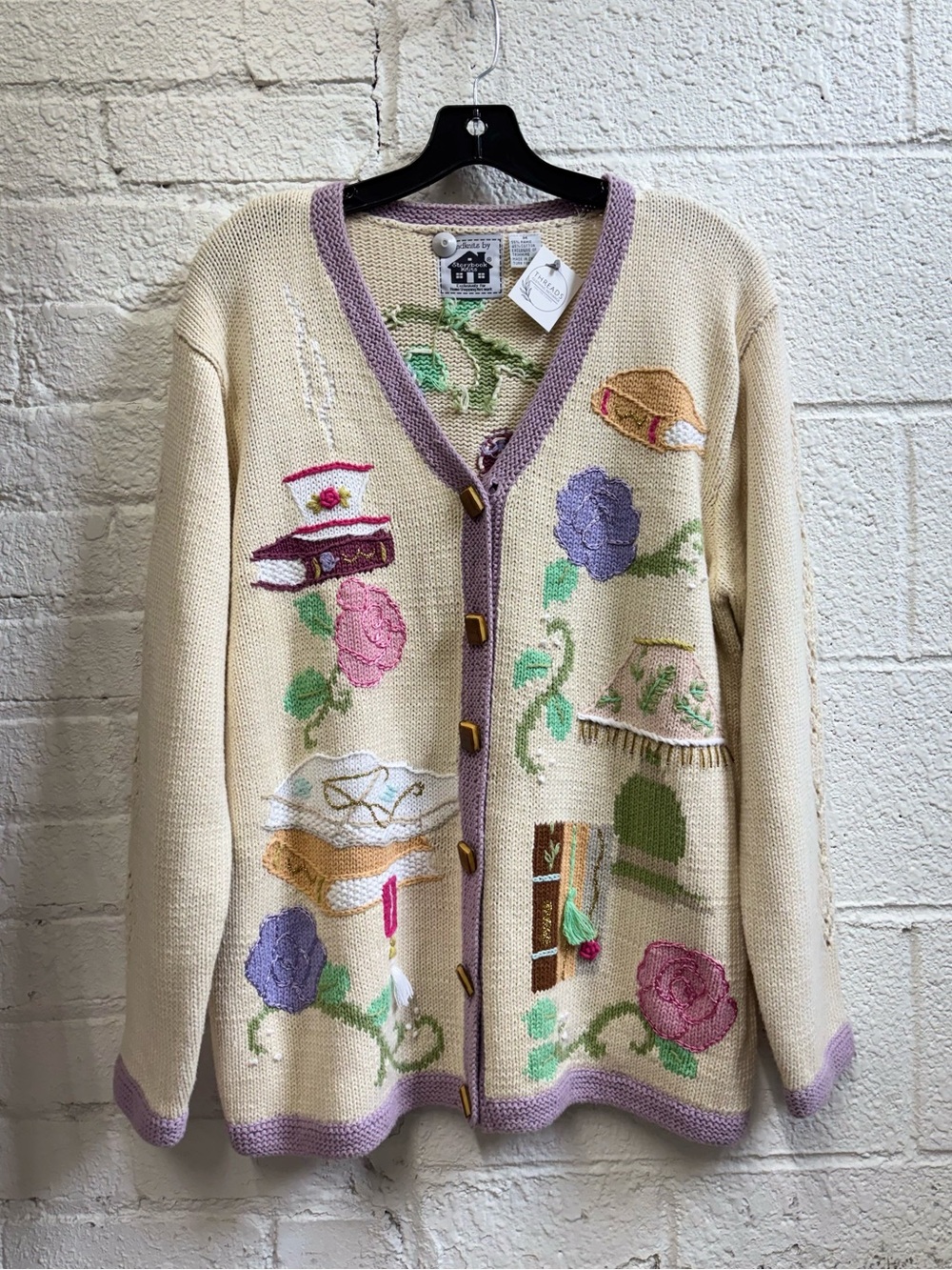 Vintage Storybook Knits Cream Reading Cardigan with Lavender Trim